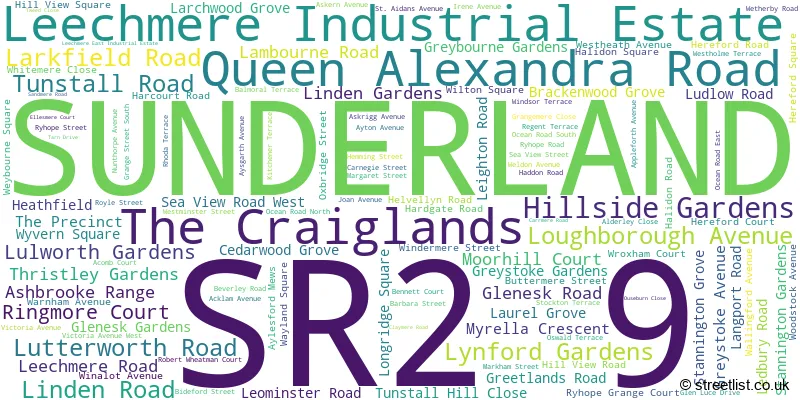 A word cloud for the SR2 9 postcode